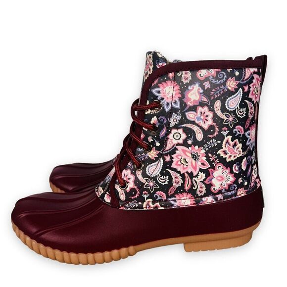 Simply Southern Paisley Floral Lace-up Duck Boots Wine / Multicolor Women's 9 - Picture 2 of 12